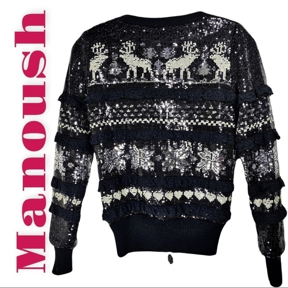MANOUSH Christmas Cardigan Sweater Jacket Sequin Reindeer Snowflakes Lace, XS - Picture 2 of 10